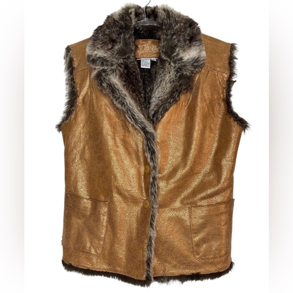 Boho Chic Leather Vest Faux Fur Trim Western Festival Layering Fall Piece PLarge - Picture 2 of 16
